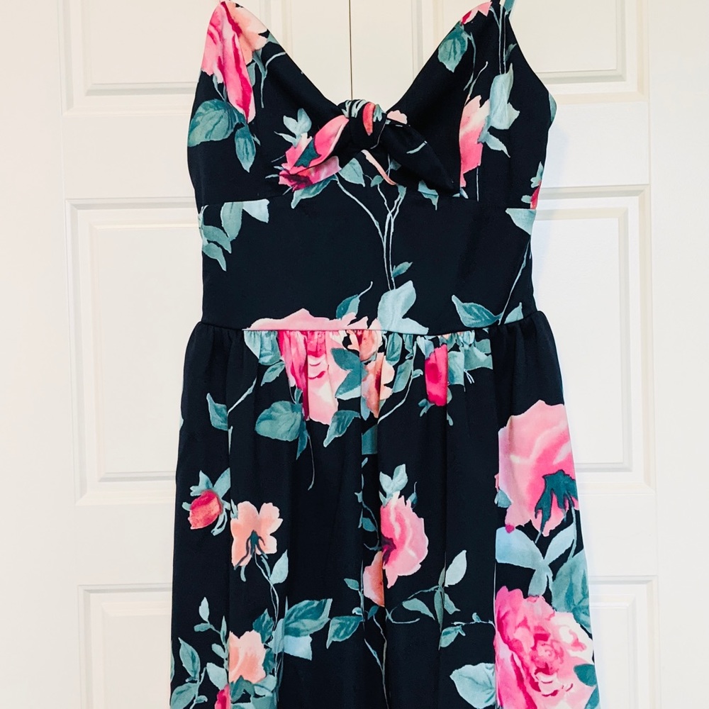 AQUA Dress Skater Navy Pink V-Neck Flirty Bow Spaghetti Straps NWT Sz M